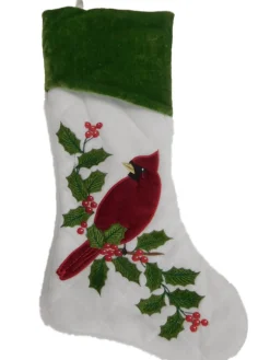 Online Quilted White & Green Velour Red Cadinal Bird & Holly Christmas Stocking Stockings