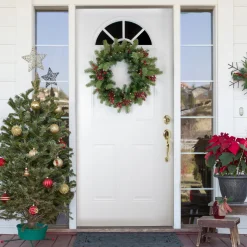 New Real Touch™? Pre-lit Noble Fir with Berries Artificial Christmas Wreath - 24" - Clear Lights Pre Lit