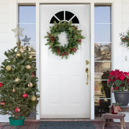 New Real Touch™? Pre-lit Noble Fir with Berries Artificial Christmas Wreath - 24" - Clear Lights Pre Lit