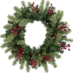 New Real Touch™? Pre-lit Noble Fir with Berries Artificial Christmas Wreath - 24" - Clear Lights Pre Lit