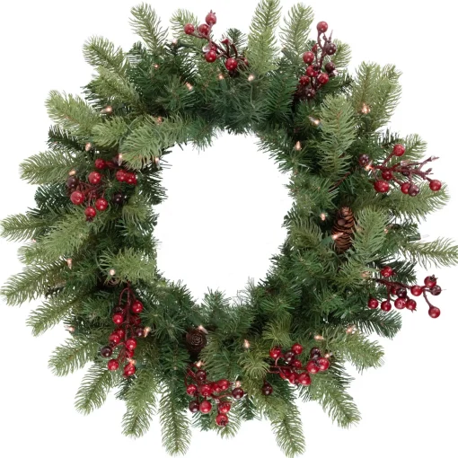 New Real Touch™? Pre-lit Noble Fir with Berries Artificial Christmas Wreath - 24" - Clear Lights Pre Lit