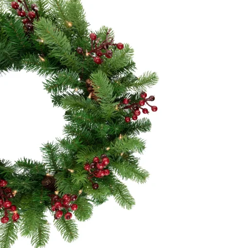 New Real Touch™? Pre-lit Noble Fir with Berries Artificial Christmas Wreath - 24" - Clear Lights Pre Lit