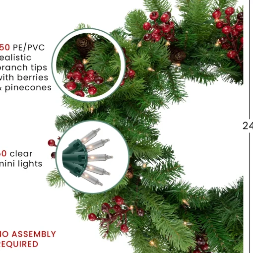 New Real Touch™? Pre-lit Noble Fir with Berries Artificial Christmas Wreath - 24" - Clear Lights Pre Lit