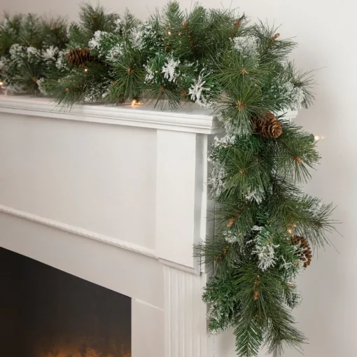 Clearance Real Touch™? Pre-lit Snow Valley Pine Artificial Christmas Garland - 9' x 10" - Clear Lights Frosted & Flocked