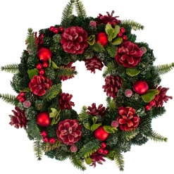 Sale Red Pine Cones and Ornaments Christmas Wreath, 13" - Unlit Pre Decorated