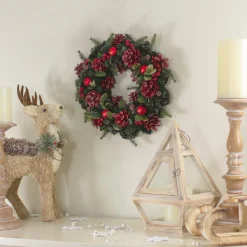 Sale Red Pine Cones and Ornaments Christmas Wreath, 13" - Unlit Pre Decorated