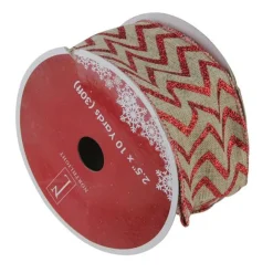 Red and Beige Chevron Wired Christmas Craft Ribbon 2.5" x 10 Yards Ribbons & Bows