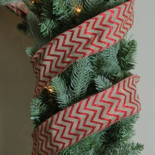 Red and Beige Chevron Wired Christmas Craft Ribbon 2.5" x 10 Yards Ribbons & Bows
