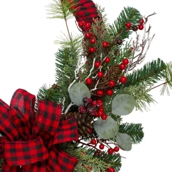 Discount Red and Black Buffalo Plaid and Berry Artificial Christmas Wreath - 24-Inch, Unlit Pre Decorated