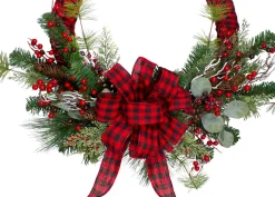 Discount Red and Black Buffalo Plaid and Berry Artificial Christmas Wreath - 24-Inch, Unlit Pre Decorated