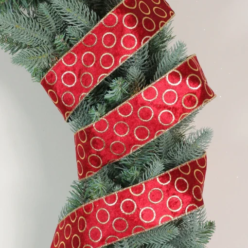 Red and Gold Circle Wired Christmas Craft Ribbon 2.5" x 16 Yards Ribbons & Bows