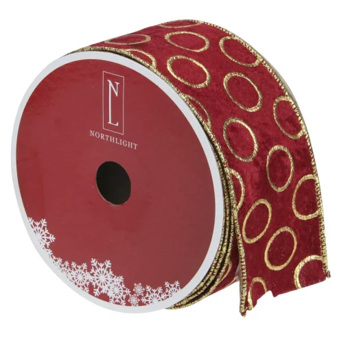 Red and Gold Circle Wired Christmas Craft Ribbon 2.5" x 16 Yards Ribbons & Bows