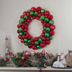 Clearance Red and Green 3-Finish Shatterproof Ball Christmas Wreath - 24-Inch, Unlit Pre Decorated