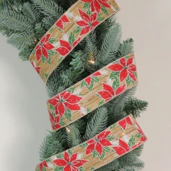 Outlet Red and Green Poinsettia Christmas Wired Craft Ribbon 2.5" x 16 Yards Ribbons & Bows