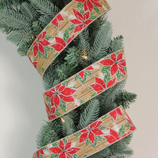 Outlet Red and Green Poinsettia Christmas Wired Craft Ribbon 2.5" x 16 Yards Ribbons & Bows