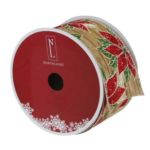 Outlet Red and Green Poinsettia Christmas Wired Craft Ribbon 2.5" x 16 Yards Ribbons & Bows