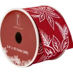 Online Red and White Floral Print Wired Craft Christmas Ribbon 2.5" x 10 Yards Ribbons & Bows