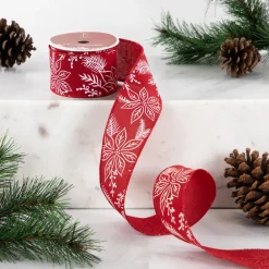 Online Red and White Floral Print Wired Craft Christmas Ribbon 2.5" x 10 Yards Ribbons & Bows