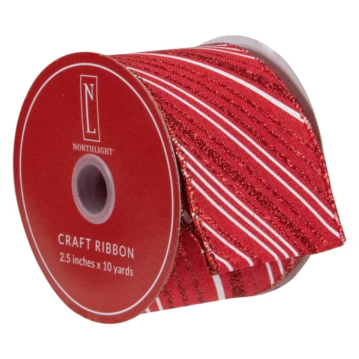 Red and White Striped Christmas Wired Craft Ribbon 2.5" x 10 Yards Ribbons & Bows