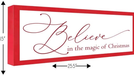 Clearance Red Believe in the Magic of Christmas 11.5" x 25.5" Framed Christmas Wall Decor Sign Poster in a Red Wooden Frame with UV Acrylic and Hangers Wall
