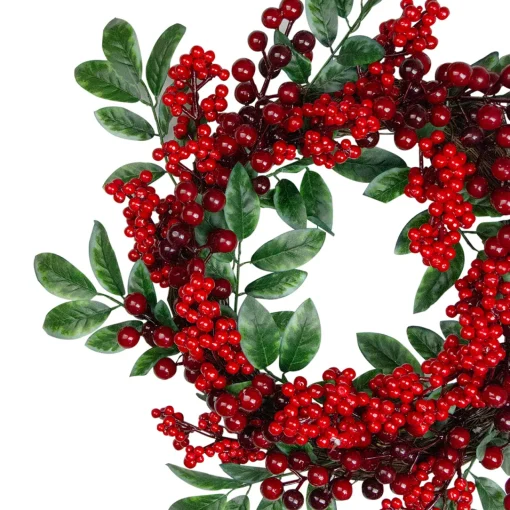 Outlet Red Berries and Two-Tone Green Leaves Artificial Christmas Wreath - 18-Inch, Unlit Unlit