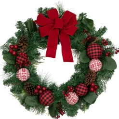 Online Red Bow and Mixed Foliage Artificial Christmas Wreath with Ornaments, 30-Inch Unlit