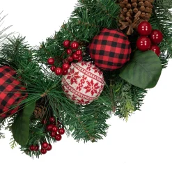 Online Red Bow and Mixed Foliage Artificial Christmas Wreath with Ornaments, 30-Inch Unlit