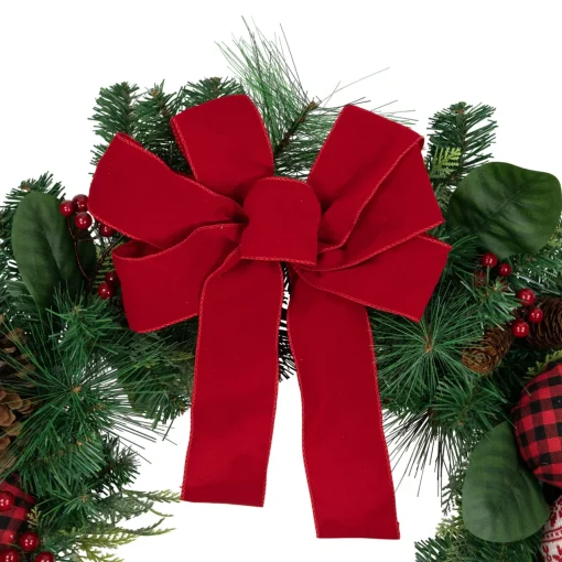 Online Red Bow and Mixed Foliage Artificial Christmas Wreath with Ornaments, 30-Inch Unlit