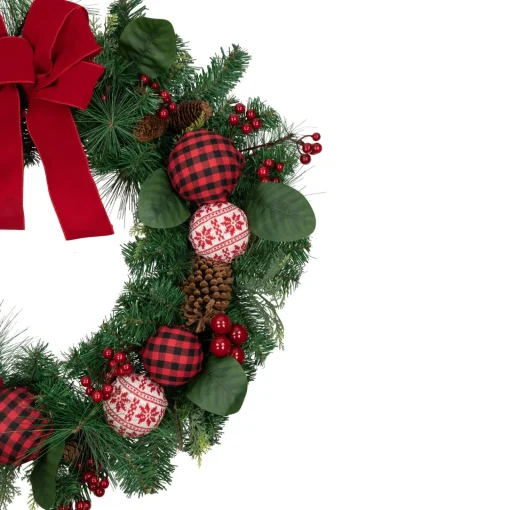 Online Red Bow and Mixed Foliage Artificial Christmas Wreath with Ornaments, 30-Inch Unlit