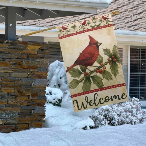 Online Red Cardinal with Holly Berries Welcome Outdoor House Flag 28" x 40" Yard Signs
