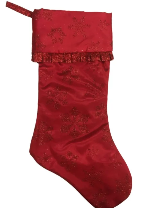 New Red Glitter Satin Snowflake Christmas Stocking With Ruffle Stockings