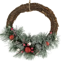 Outlet Red Ornaments, Pine Needle and Stars Frosted Christmas Wreath, 13.75-Inch Unlit