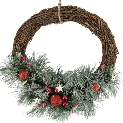Outlet Red Ornaments, Pine Needle and Stars Frosted Christmas Wreath, 13.75-Inch Unlit