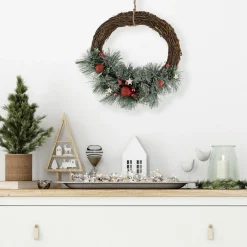 Outlet Red Ornaments, Pine Needle and Stars Frosted Christmas Wreath, 13.75-Inch Unlit