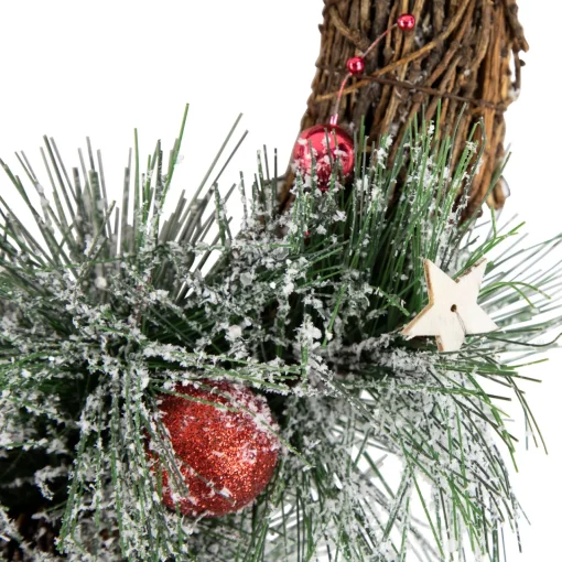 Outlet Red Ornaments, Pine Needle and Stars Frosted Christmas Wreath, 13.75-Inch Unlit