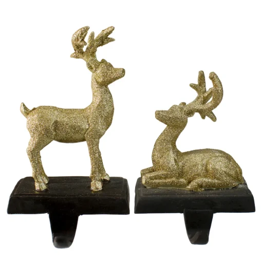 Reindeer Glittered Christmas Stocking Holders - 8.5" - Gold - Set of 2 Stocking Holders