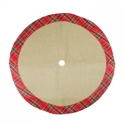 Outlet Rustic Burlap Mini Christmas Tree Skirt with Red Plaid Border - 20" Cloth|Metal