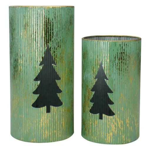 New Rustic Christmas Tree Candle Lanterns - 12" - Green and Gold - Set of 2 Lanterns