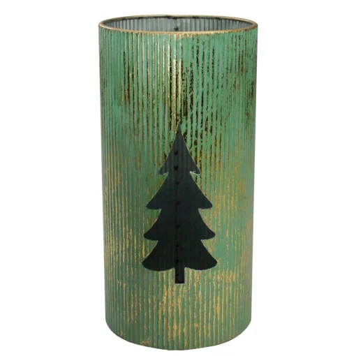 New Rustic Christmas Tree Candle Lanterns - 12" - Green and Gold - Set of 2 Lanterns