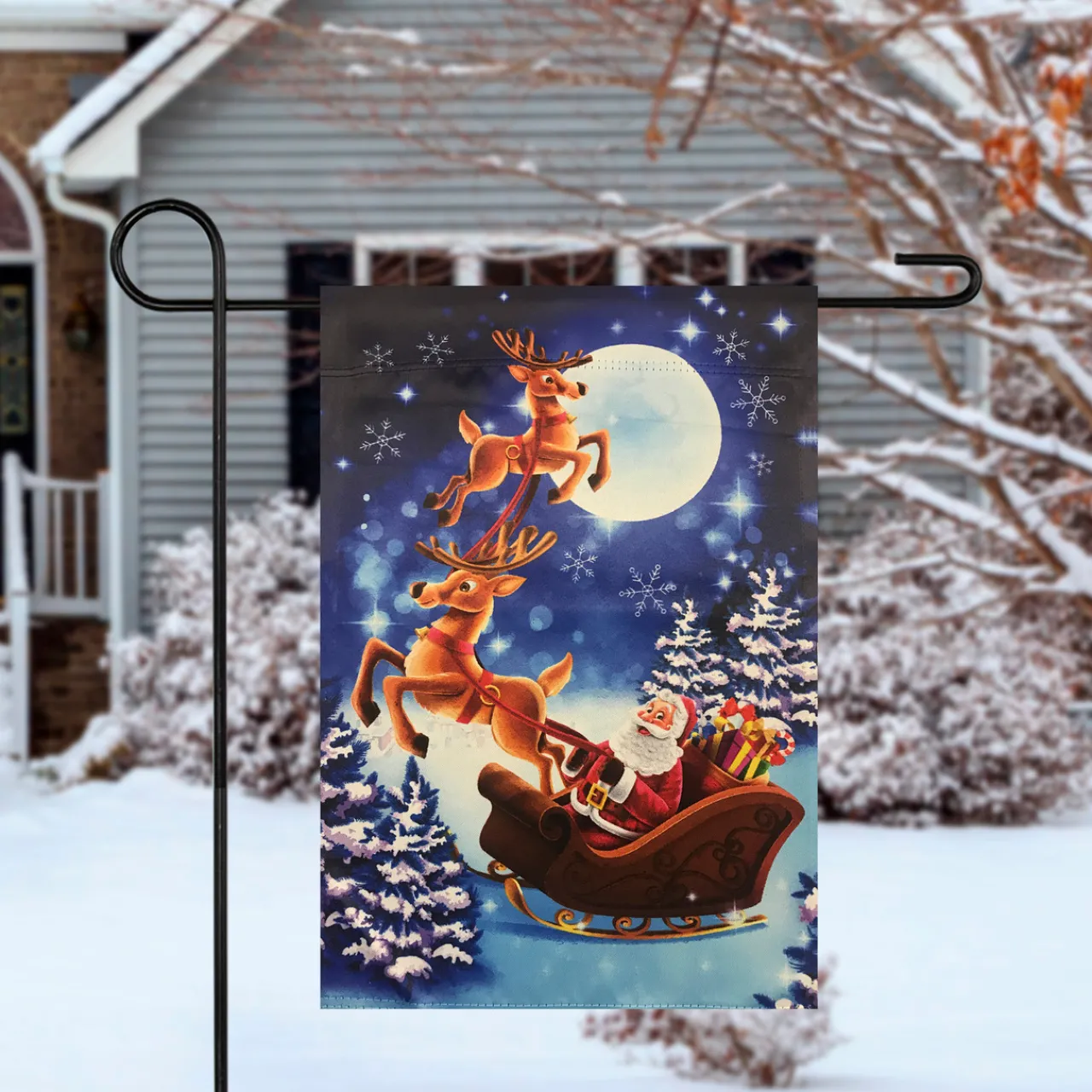 Hot Santa and Reindeer Sleigh Ride Outdoor Garden Flag 12.5" x 18" Yard Signs
