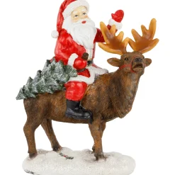 Outlet Santa Claus on a Reindeer Holding a Frosted Pine Tree Christmas Figurine - 8.25" Santa Claus
