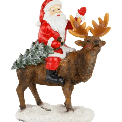 Outlet Santa Claus on a Reindeer Holding a Frosted Pine Tree Christmas Figurine - 8.25" Santa Claus