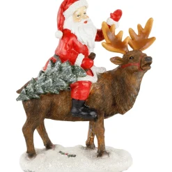 Outlet Santa Claus on a Reindeer Holding a Frosted Pine Tree Christmas Figurine - 8.25