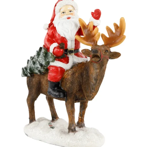 Outlet Santa Claus on a Reindeer Holding a Frosted Pine Tree Christmas Figurine - 8.25" Santa Claus