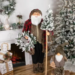 Online Santa Claus with Flocked Alpine Tree and Wreath Commercial Christmas Figure - 5' Santa Claus