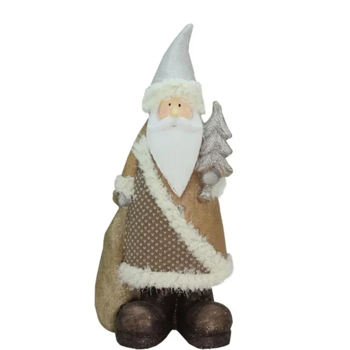 New Santa Holding Christmas Tree Figurine - 18.5" - Brown and White Santa Claus