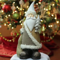 New Santa Holding Christmas Tree Figurine - 18.5" - Brown and White Santa Claus