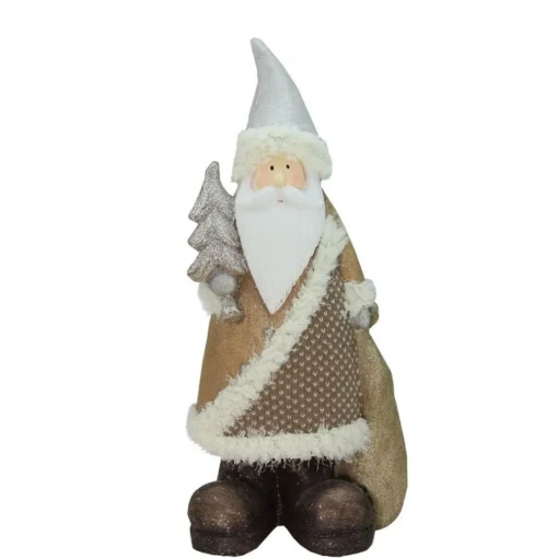 New Santa Holding Christmas Tree Figurine - 18.5" - Brown and White Santa Claus