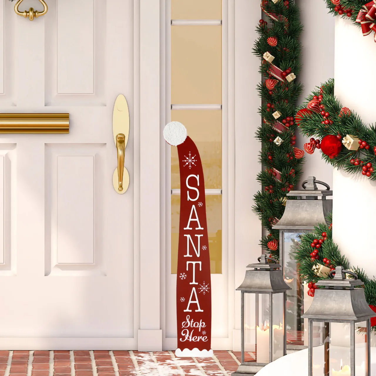 Santa Stop Here Christmas Hat Porch Sign - 35" Wall