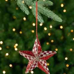 Sequined and Checkered Star Christmas Ornament - 6" - Red Symbols